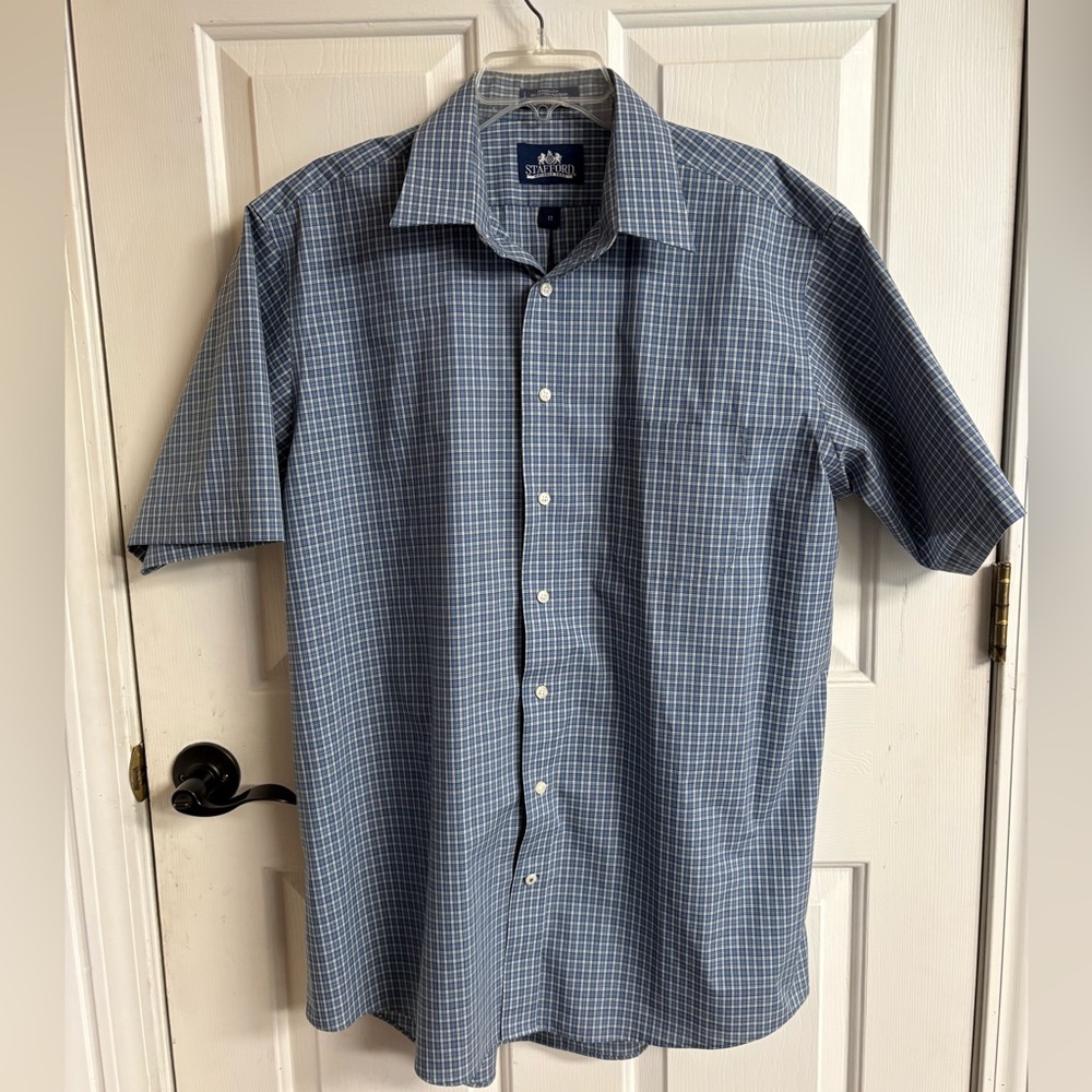 Stafford Wrinkle Free Men's Blue Plaid Button Down Shirt